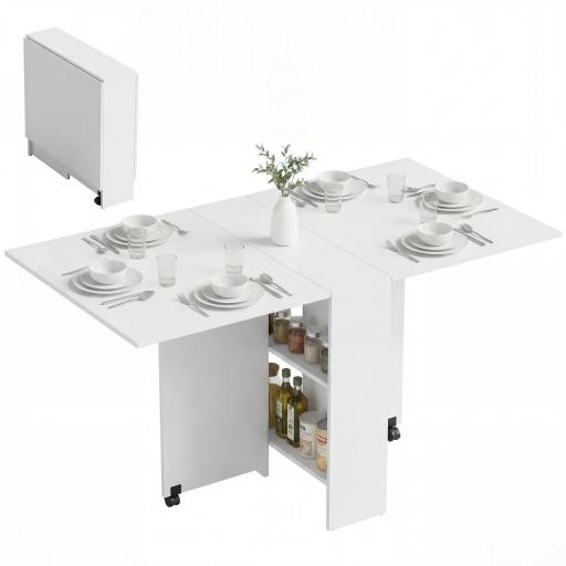 Mesa Plegable de Comedor con Ruedas Alas Abatibles y Estantes para 4-6 Personas 75x140x74 cm Blanco [9]