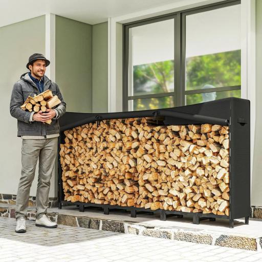 Leñero Exterior Metálico de Chimenea Soporte para Leña con Cubierta Impermeable y Cadenas de Acero 235x31x116 cm Negro