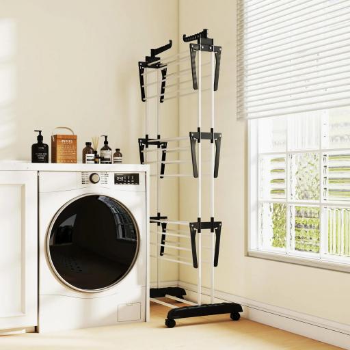 Tendedero de Ropa Plegable con Ruedas 3 Niveles con Alas Plegables y Colgadores 73x64x172 cm Negro y Blanco [2]