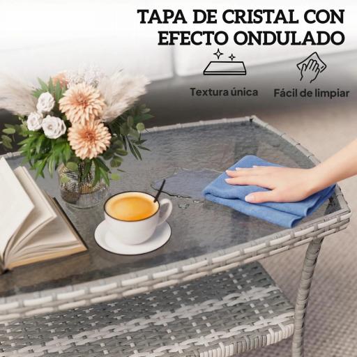 Mesa de Jardín Exterior Rectangular de Ratán con Estante Tablero de Vidrio Templado con Ondas 90x50x45 cm Gris Oscuro [3]
