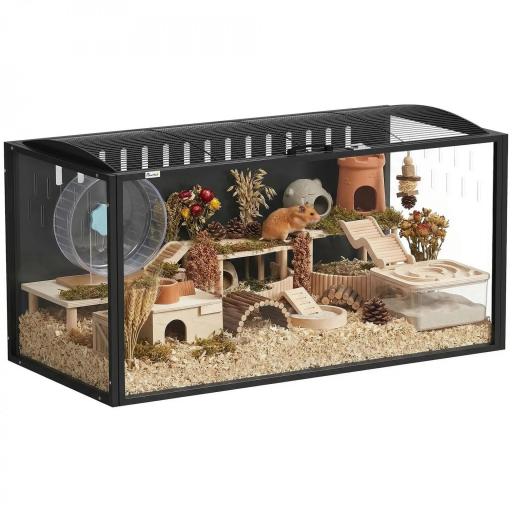 Jaula para Hámster Grande 105x51x53 cm con Tapa Ventilada Abatible, Marco de Acero, Paneles Transparentes Negro [8]