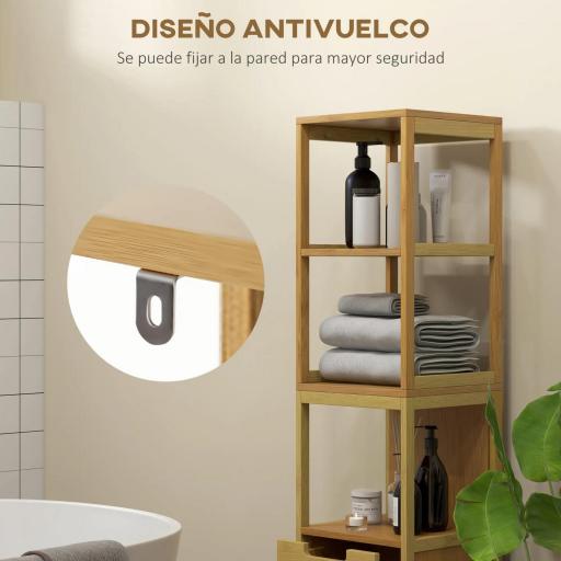 Armario Alto para Baño con 3 Estantes y 2 Cajones de Bambú Estilo Moderno 30x30x144,3 cm Natural [3]