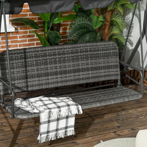Balancín de Jardín Exterior de 3 Plazas con Toldo Ajustable Asiento de Ratán PE y Reposabrazos 167x112x153 cm Gris [7]
