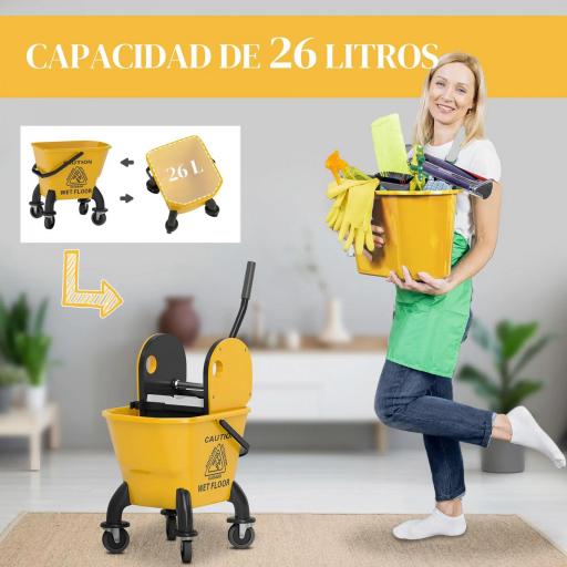 Cubo de Fregona con Ruedas y Escurridor Desmontable de Prensa Capacidad 26L Incluye Fregona y Asa Amarillo [2]