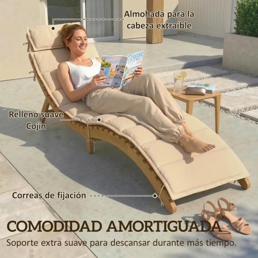 Tumbona Plegable de Madera de Acacia con Cojín Reposacabezas Asa de Transporte para Jardín Terraza 183x54x63 cm Beige [5]