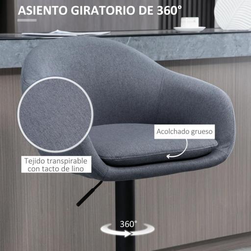 Taburete de Bar Regulable Tapizado de Tela con Reposapiés y Pata de Acero Carga 110 kg 54x54x92-112 cm Gris Oscuro [5]