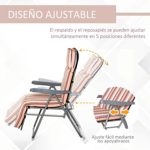  2 Tumbonas de Jardín de Acero con Cojín Acolchado Respaldo Ajustable y Reposapiés 60x75x65-102 cm Rayas Naranja [5]