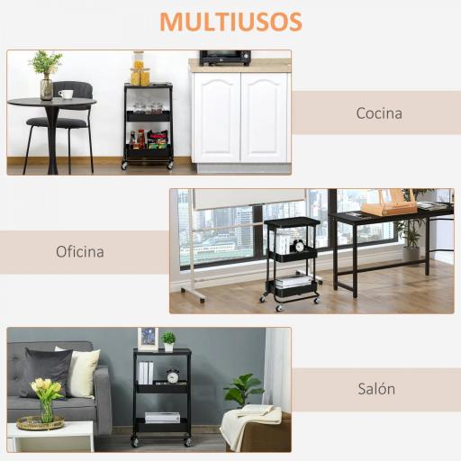 Carrito Auxiliar con Ruedas Carro de Almacenaje de 3 Niveles para Baño Cocina Dormitorio Oficina 46x34,5x76,5 cm Negro [5]