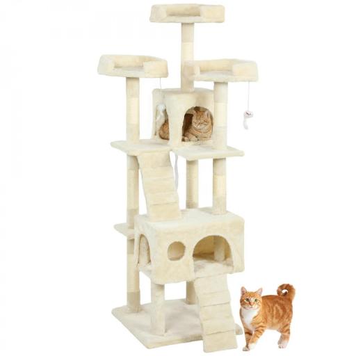 Árbol Rascador para Gatos Árbol para Gatos 153 cm con 2 Cuevas 3 Camas 2 Rampas Postes de Sisal Ratones Colgantes Crema [8]