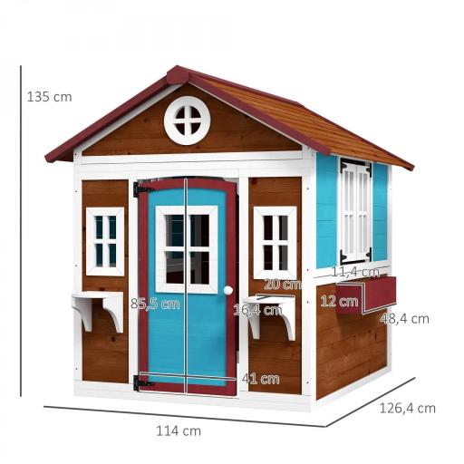 Casita de Madera Infantil con Puerta Ventanas Jardineras y Repisas con Detalles de Color 114x126,4x135 cm Marrón Oscuro [1]