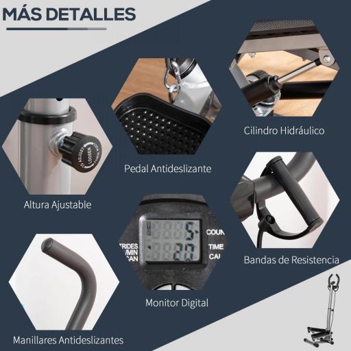 Máquina de Step Stepper Fitness con Manillar Altura Ajustable Pantalla LCD Cintas y Pedales Antideslizantes Equipo de Ejercicio para Gimnasio en Casa 55x53x118-128 cm Plata [3]