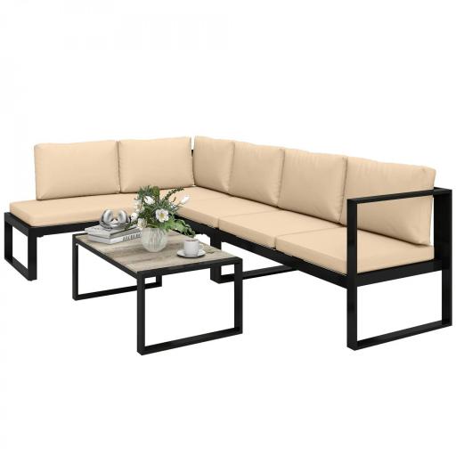 Conjunto de Jardín Exterior de 4 Piezas con 2 Sofás de 2 Plazas 1 Sillón sin Brazos y Mesa de Centro con Cojines Caqui [10]