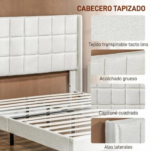 Cama 135x190 cm con Almacenaje Inferior Tapizada y Cabecero Acolchado con Orejas Beige [4]