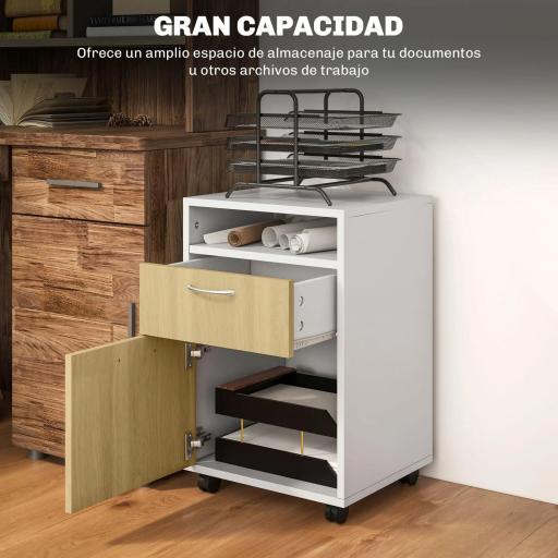 Cajonera de Oficina Móvil con Cajón y Armario con Ruedas Soporte de Impresora para Estudio 40x35x60 cm Blanco y Natural [2]