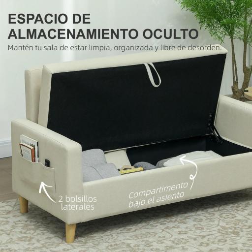 Sofá de 2 Plazas Tapizado en Lino Sintético con Espacio de Almacenaje 2 Almohadas y Patas de Madera 135x71x84 cm Beige [4]