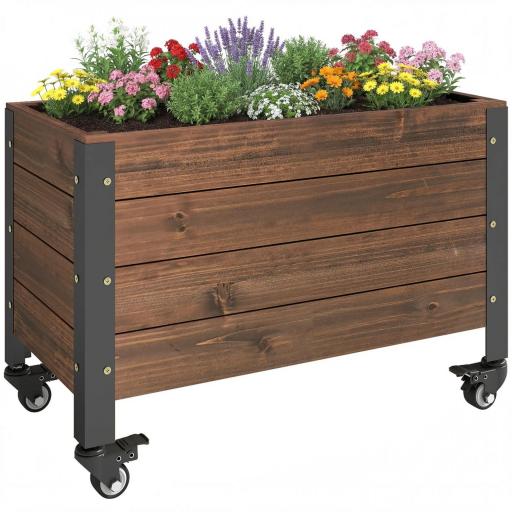 Jardinera Exterior de Madera con Ruedas con Orificio de Drenaje y Tela no Tejida Macetero 60x30x41 cm Marrón Oscuro [9]