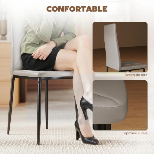 Set de 4 Sillas de Comedor Tapizadas de Piel Sintética con Respaldo Alto y Patas de Metal 41x50x97 cm Gris [4]