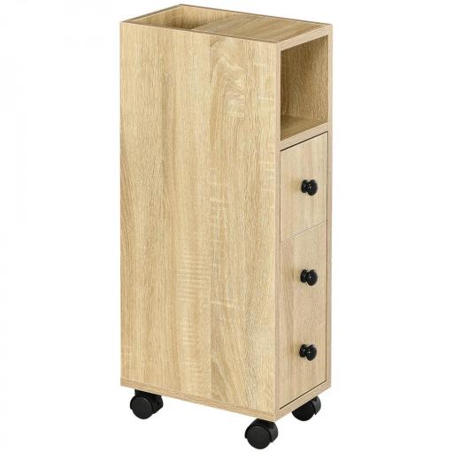 Armario de Baño con Ruedas Mueble Auxiliar para Baño con Estante Abierto Puerta y Cajón 18x30x68,5 cm Roble [9]
