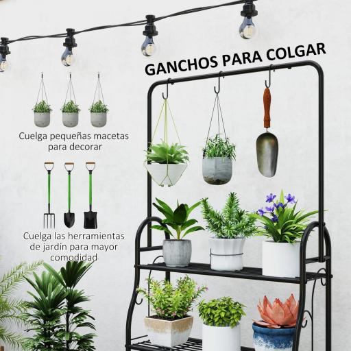 Estantería para Plantas de 3 Niveles con Ganchos de Metal Barra para Colgar para Interior y Exterior Negro [5]