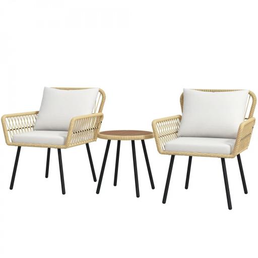 Juego de 3 Piezas Sillas y Mesa de Ratán PE con 2 Sillas 1 Mesa de Centro Redonda y Cojines para Terraza Balcón Natural [8]