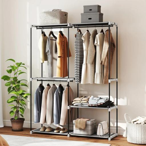 Armario de Ropa Armario Abierto con 4 Estantes de Tela 3 Barras para Colgar Marco de Metal 142x43x185 cm Gris Claro [8]