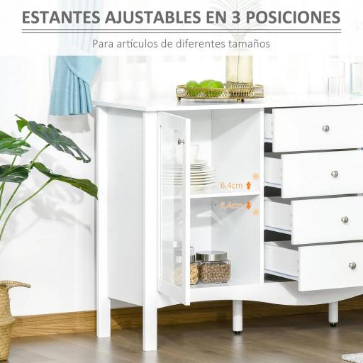 Aparador de Cocina Armario Buffet con 2 Puertas de Vidrio Estante Ajustable Interior y 4 Cajones Mueble Auxiliar para Comedor Salón 136x45x85 cm Blanco [5]