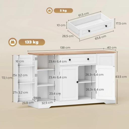 Aparador de Cocina con Cajón Estantes en las Puertas Estantes Ajustables Barra de Café 138x40x83,5 cm Blanco [1]