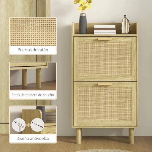 Mueble Zapatero Estilo Bohemio con 2 Cajones Abatibles y 1 Estante Abierto para 18 Pares de Zapatos 80x24,5x110 cm Roble [3]