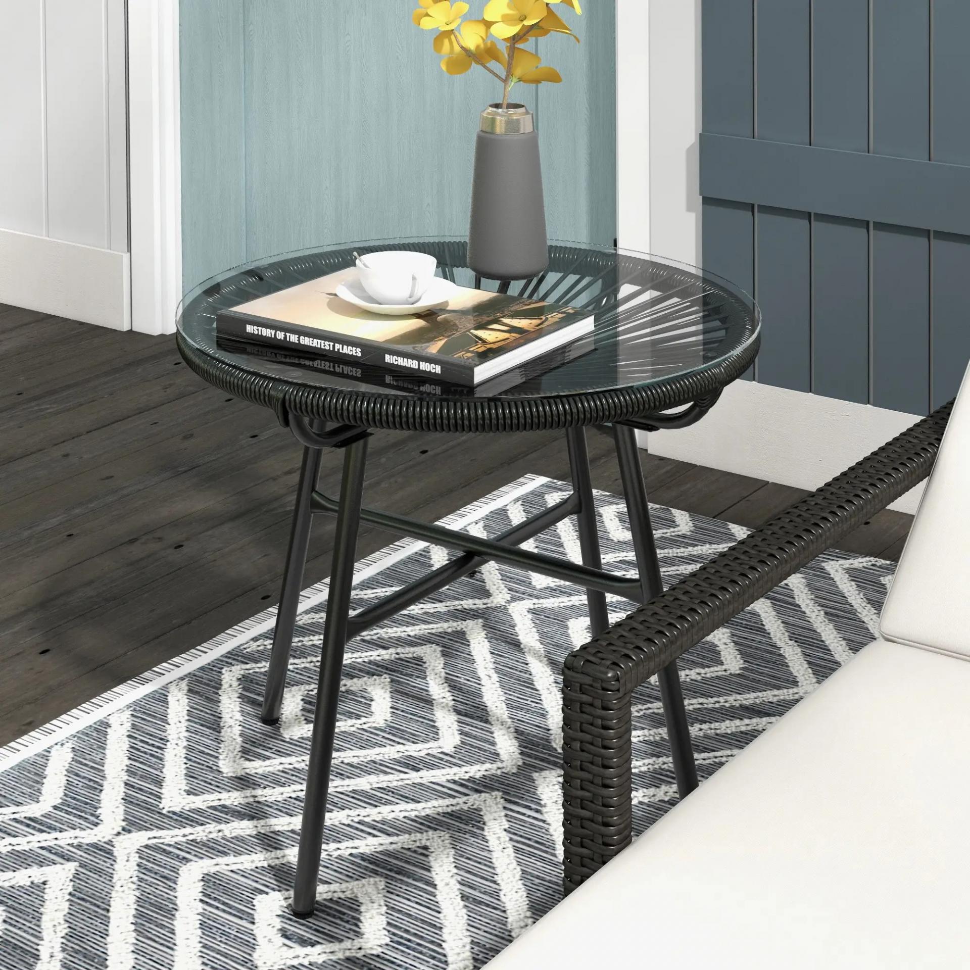 Mesa de Jardín de Ratán Sintético Redonda para Exteriores con Encimera de Vidrio Templado Ø50x50 cm Negro