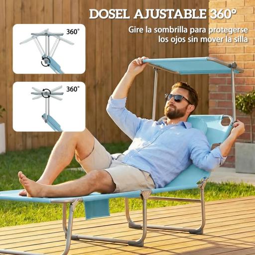 Set de 2 Tumbonas Plegables Reclinables con Dosel 360° Orificio Facial Bolsillo Lateral y Textilene 550 g/m² Azul [3]