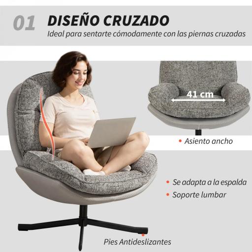 Butaca de Salón Giratoria Moderna Tapizada en Chenilla y Cuero PU con Asiento Ancho Base de Cruz Sillón Relax Gris [2]