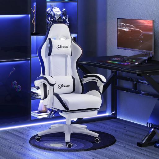 Silla Gaming Silla Gamer de Cuero PU Altura Ajustable Reclinable 135° Reposacabezas y Reposapiés 65x65x121-129 cm Blanco [6]