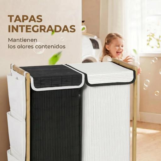 Cesto de Ropa Sucia con Tapa 120L de Bambú con 2 Compartimentos Bolsas con Cordón Bolsillos Laterales Blanco y Negro [3]