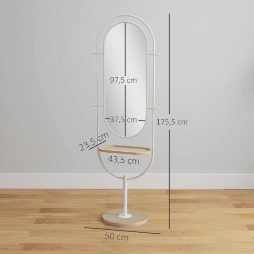 Espejo de Cuerpo Entero 175,5x50 cm con Bandeja de Madera 4 Ganchos y Marco de Metal para Salón Dormitorio Blanco [1]