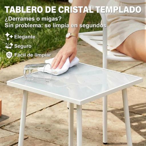 Conjunto de Jardín Exterior de 3 Piezas de Acero Galvanizado con 2 Sillas y Mesa de Vidrio Templado Blanco [3]