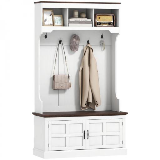 Perchero Zapatero con Banco Zapatero Ganchos Estantes y Compartimentos para Entrada Pasillo Salón 105x40x180 cm Blanco [7]
