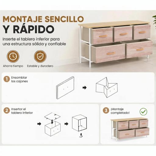 Cómoda con 5 Cajones de Tela Cómoda para Dormitorio Marco de Metal Cajonera para Salón Oficina Natural y Blanco [4]