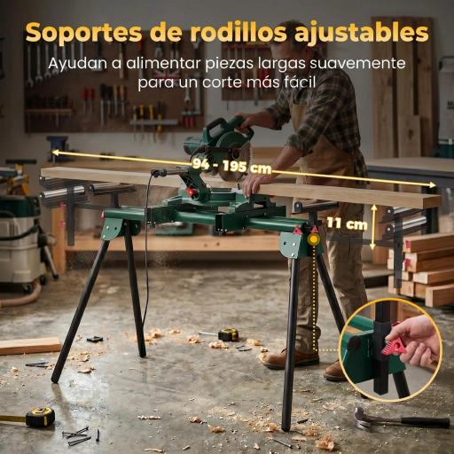 Soporte Sierra Ingletadora Universal con Rodillos Extensibles 94-195 cm Ajustable y Plegable Carga 150 kg Verde [7]