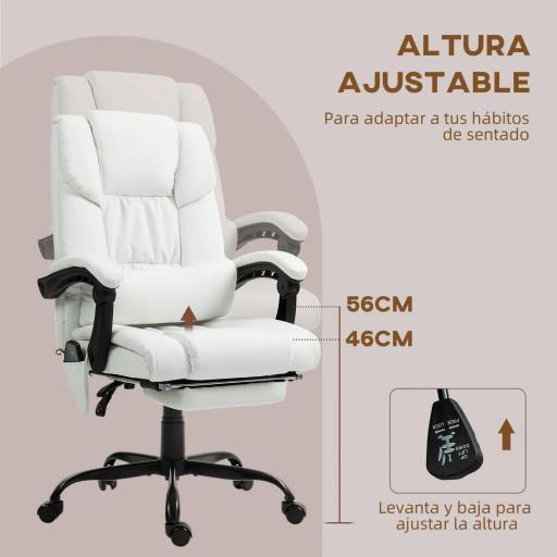 Silla de Oficina con Masaje de 6 Puntos Respaldo Alto Reclinable Altura Ajustable Reposapiés y Mando a Distancia Blanco [5]