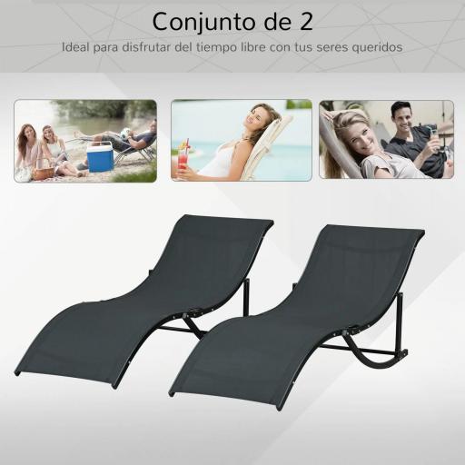  2 Tumbonas Plegables de Aluminio en Forma de S Ergonómica con Tela Texteline para Piscina Patio Jardín Terraza 165x61x63 cm Negro [4]