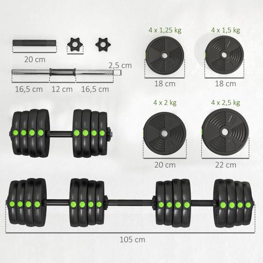 Kit de Mancuernas 30kg 2 en 1 con Barra de Pesas Mango Antideslizante para Entrenamiento de Fuerza Negro Verde [1]