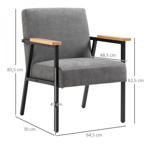 Butaca de Salón Moderna Tapizado en Poliéster con Reposabrazos de Madera para Dormitorio 64,5x70x83,5 cm Gris [1]