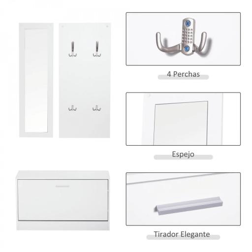 Conjunto de Muebles de Entrada Recibidor Pasillo Set de 3 Piezas Zapatero Espejo Perchero con 4 Ganchos para Colgar Ropa 80x27x46,5cm Blanco [3]