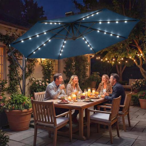 Parasol Excéntrico con Luces LED Solares Ø345 cm Sombrilla Jardín de Aluminio con Base Cruzada Manivela Funda Azul