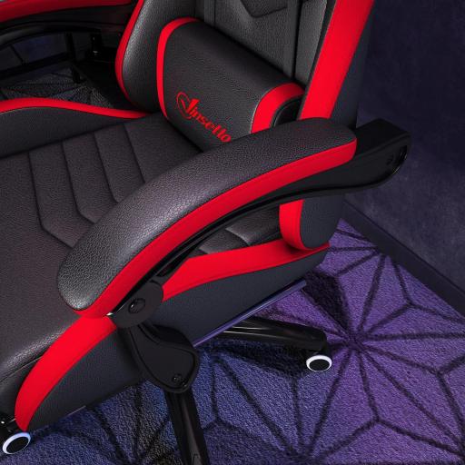 Silla Gaming de Cuero Sintético Reclinable 135° Reposacabezas y Reposapiés 65x65x121-129cm Negro y Rojo [6]