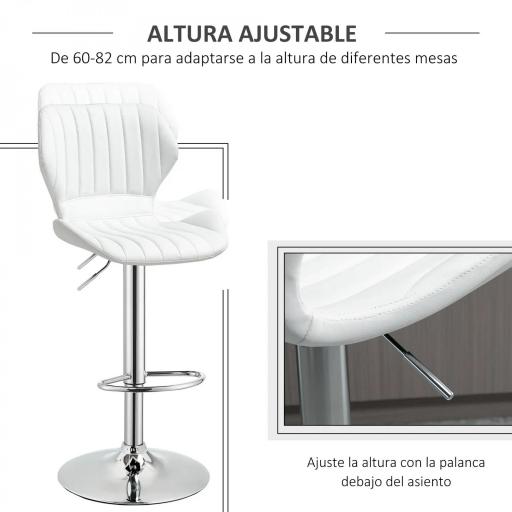 Juego de 2 Taburetes Altos de Cocina y Giratorio Taburetes Altos de Cuero Sintético con Respaldo y Estructura de Metal 47x51,5x92-114 cm Blanco [3]