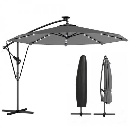 Parasol Excéntrico con Luces LED Solares 330x295 cm Sombrilla con Base Cruzada Manivela Funda Protectora Gris Oscuro [8]