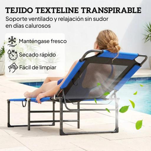 Tumbona Plegable con Respaldo Ajustable en 4 Posiciones Asas y Respaldo de Textilene Carga 120 kg 175x58x68 cm Azul [6]