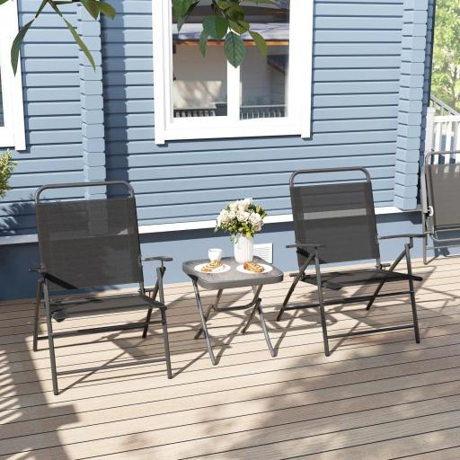Conjunto de 3 Piezas Mesa con Encimera de Cristal y Sillas Plegables con Respaldo Regulable para Terraza Exterior Negro [4]