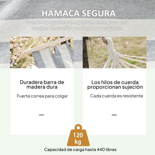 Hamaca de Jardín 200x100 cm con Travesaños de Madera Carga 120 kg Hamaca para Patio Terraza Balcón Gris y Crema [6]